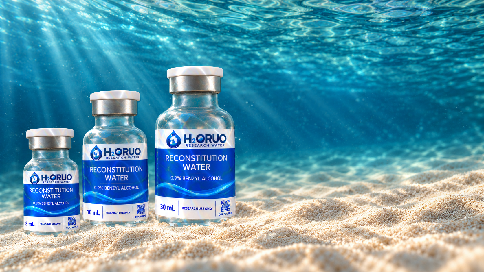 Illustrative underwater H2ORUO collection: 3 mL, 10 mL and 30 mL sealed white-cap vials nestled in pale sand, with sunlight refracting across their blue labels