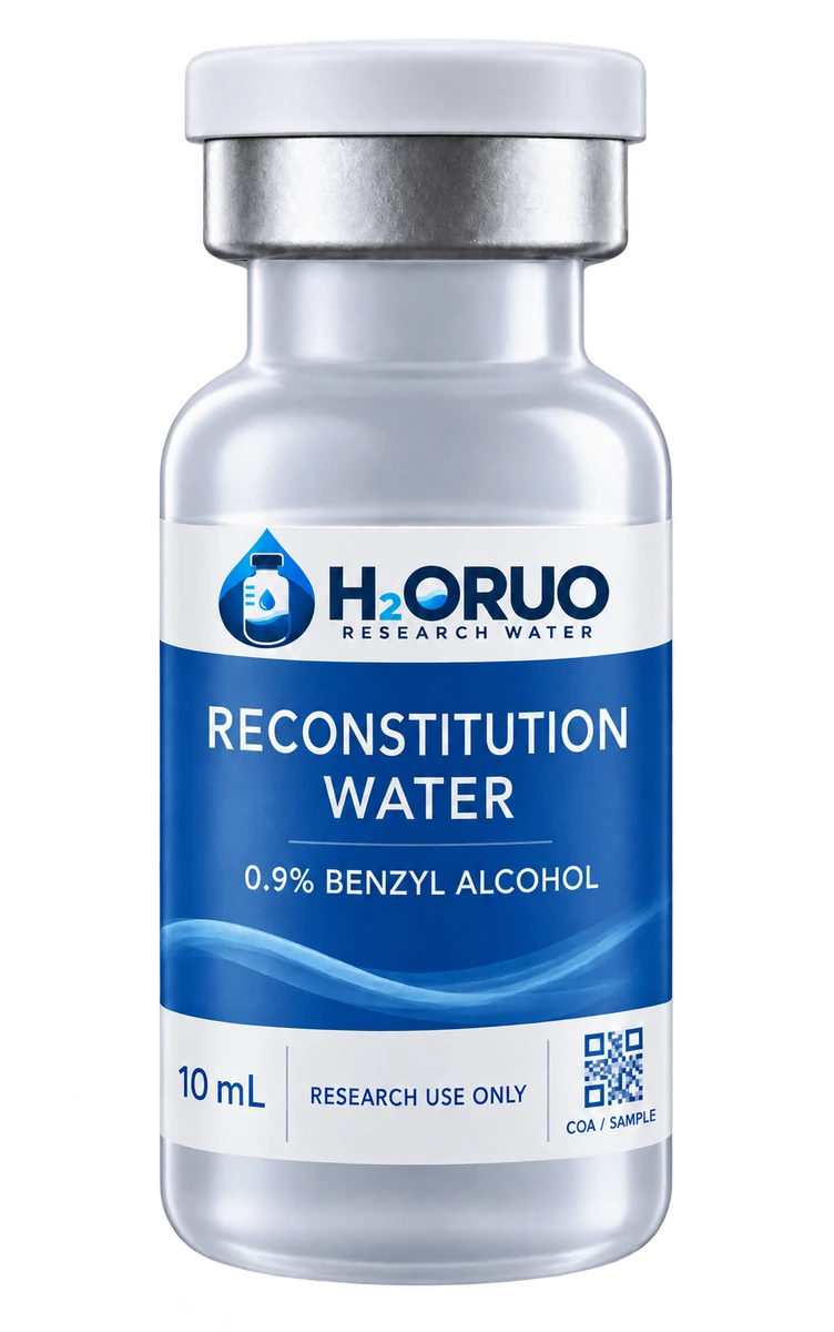 H2ORUO 10 mL vial, white cap, blue label, 0.9% benzyl alcohol and sample COA code
