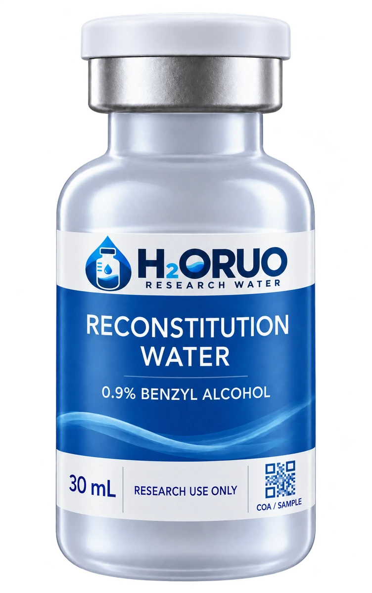 H2ORUO 30 mL vial, white cap, blue label, 0.9% benzyl alcohol and sample COA code